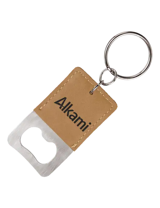 Tan Leatherette Rectangle Bottle Opener Keychain w/Alkami Logo