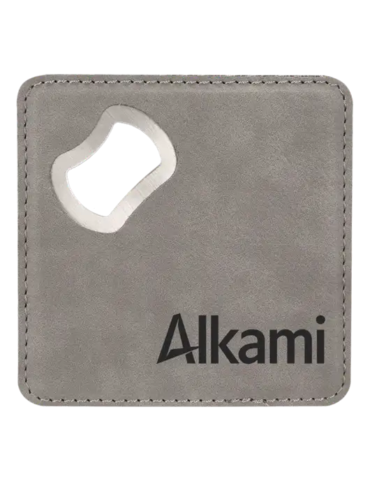 Grey Leatherette Coaster with Bottle Opener w/Alkami Logo