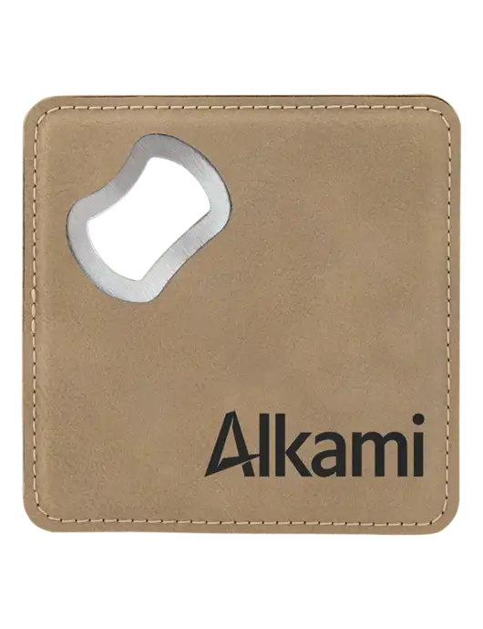 Tan Leatherette Bottle Opener Coaster w/Alkami Logo