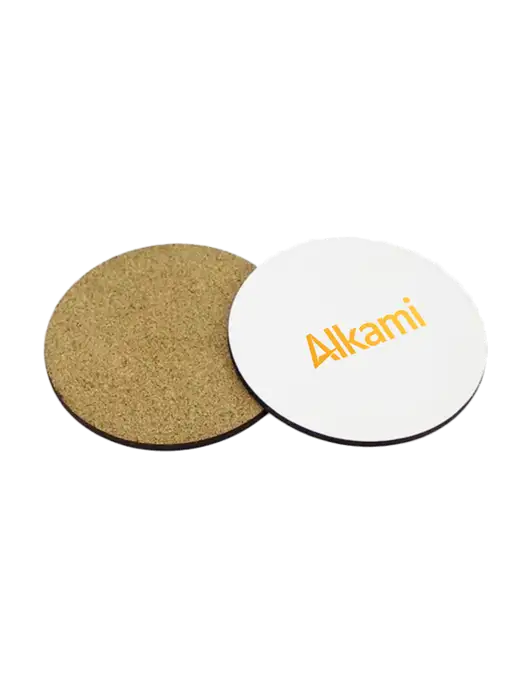 Gloss White Hardboard Round Coaster w/Cork Back, 3.75 w/Alkami Logo