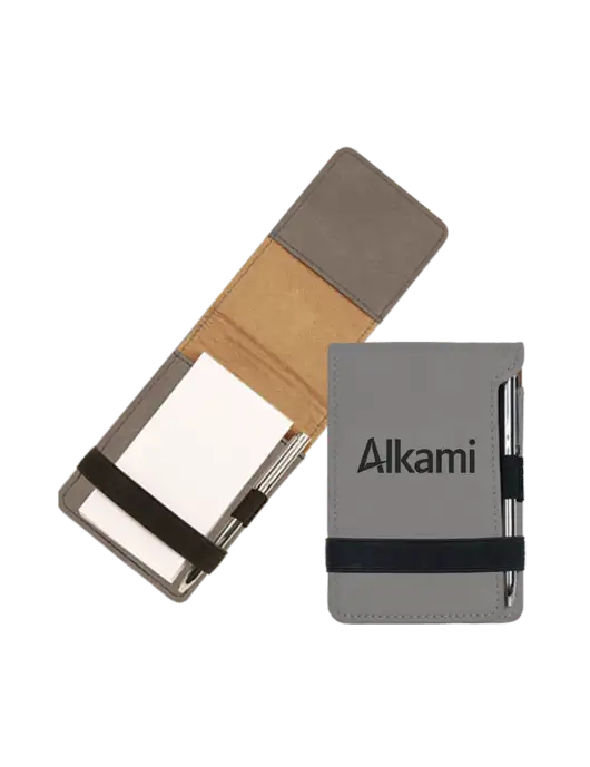 Grey Leatherette Mini Notepad with Pen,  3.25 x 4.75 w/Alkami Logo