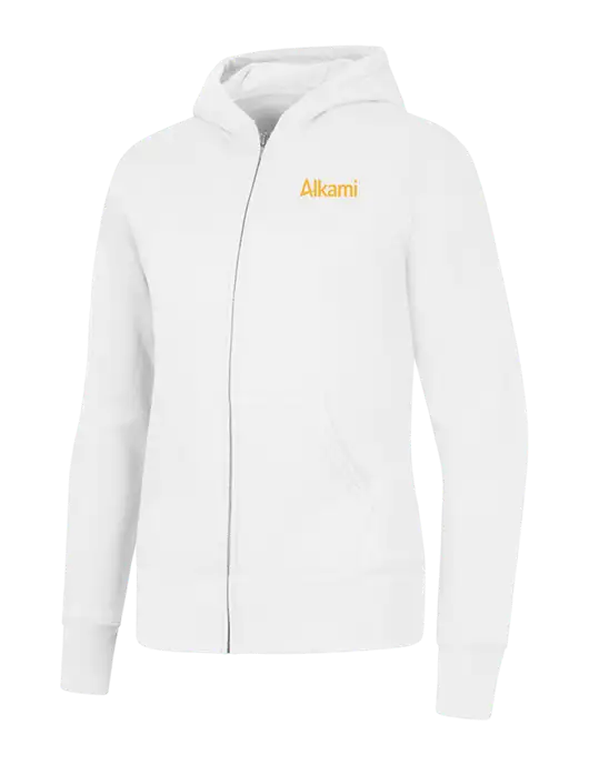 White Womens Core Fleece Full-Zip Hooded Sweatshirt w/Alkami Logo