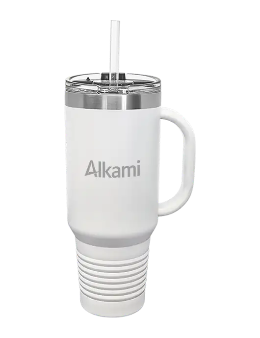 Polar Camel 40 oz. Powder Coated Vacuum Insulated White Travel Mug with Straw w/Alkami Logo