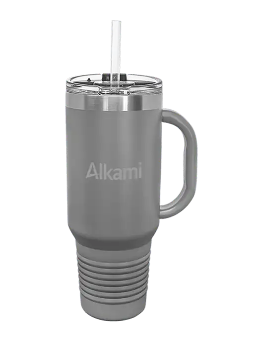 Polar Camel 40 oz. Powder Coated Vacuum Insulated Grey Travel Mug with Straw w/Alkami Logo