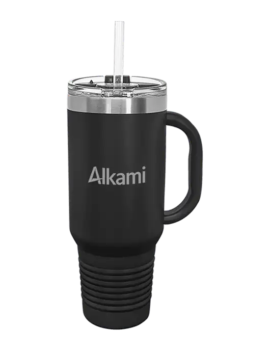 Polar Camel 40 oz. Powder Coated Vacuum Insulated Black Travel Mug with Straw w/Alkami Logo