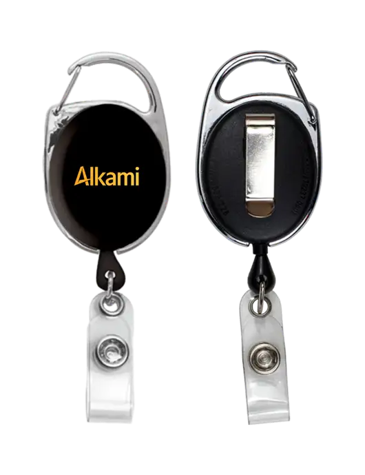 Black Carabiner Style Badge Reel and Badge Holder w/Alkami Logo