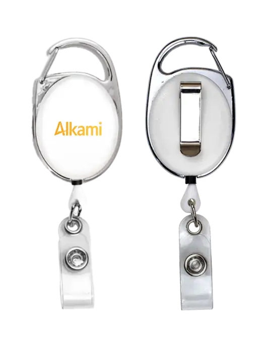White Carabiner Style Badge Reel and Badge Holder w/Alkami Logo