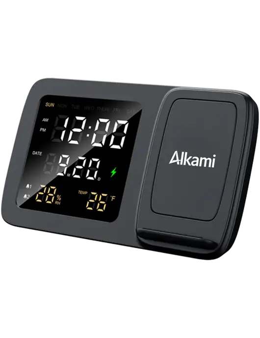 Dock It Wireless Charger, Digital Alarm Clock,  Temperature & Humidity Display w/Alkami Logo