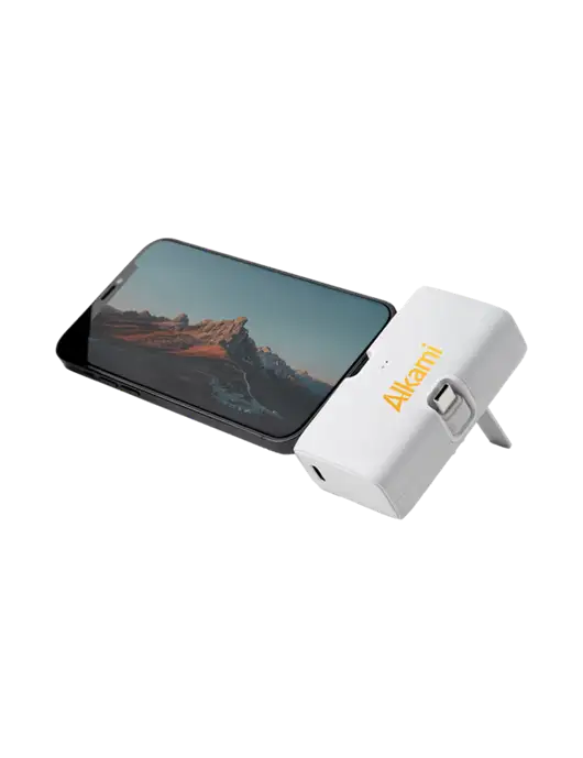 White Phone Power Bank Stand 4,500 mAh Dual Ports Type C & Lightning w/Alkami Logo
