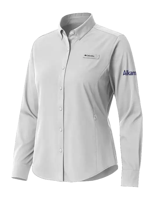 Columbia Grey Womens PFG Tamiami II Long Sleeve Shirt w/Alkami Logo