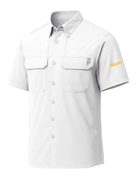 HUK White Creekbed Short Sleeve Shirt w/Alkami Logo