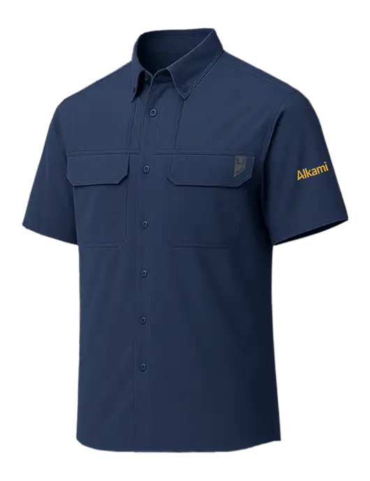 HUK Navy Creekbed Short Sleeve Shirt w/Alkami Logo