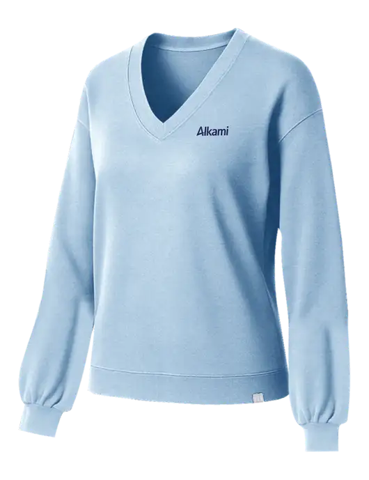 TravisMathew Womens Long Weekend Light Blue Heather V-Neck
 w/Alkami Logo