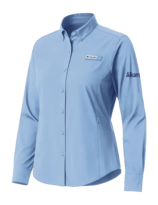 Columbia Light Blue Womens PFG Tamiami II Long Sleeve Shirt w/Alkami Logo