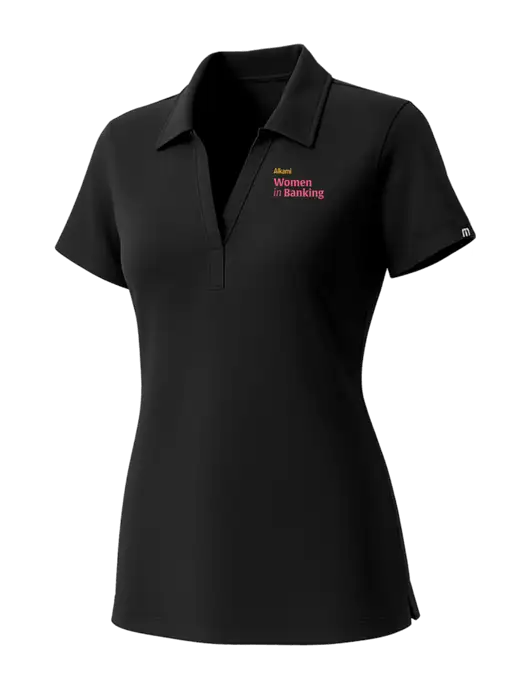 TravisMathew Womens Black Glenview Solid Polo w/Women in Banking Logo