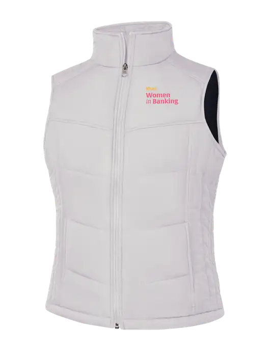 Womens White/Dark Slate Puffy Vest w/Women in Banking Logo