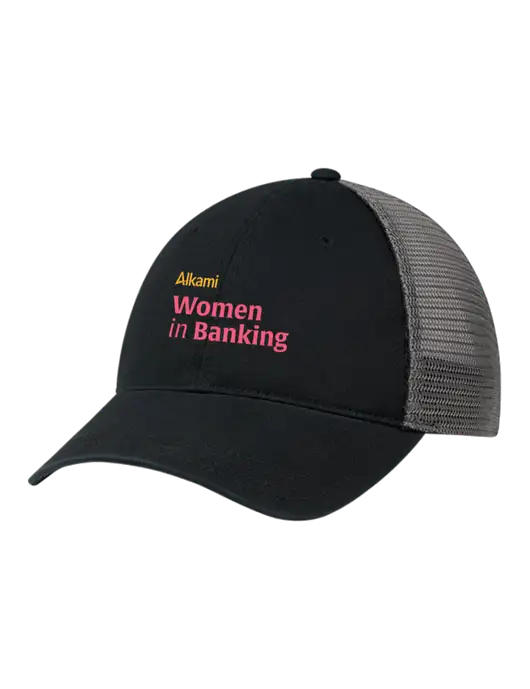 Richardson 111 Garment Washed Trucker Cap Black w/Charcoal Mesh w/Women in Banking Logo