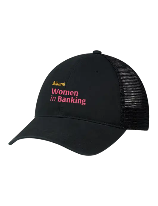 Richardson 111 Garment Washed Trucker Cap Black w/Black Mesh w/Women in Banking Logo