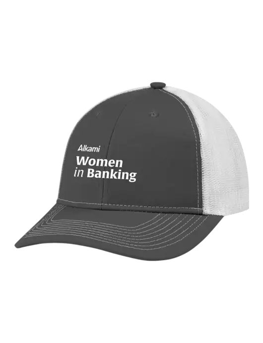 Snapback Ponytail Trucker Cap Dark Grey w/White Mesh w/Women in Banking Logo