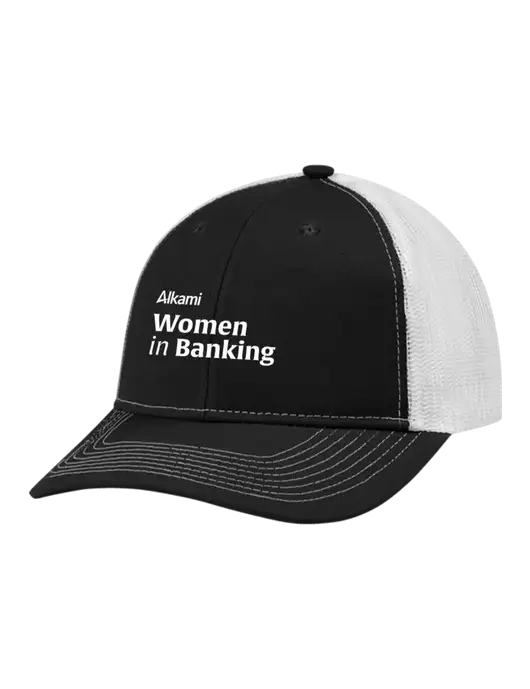 Snapback Ponytail Trucker Cap Black w/White Mesh w/Women in Banking Logo