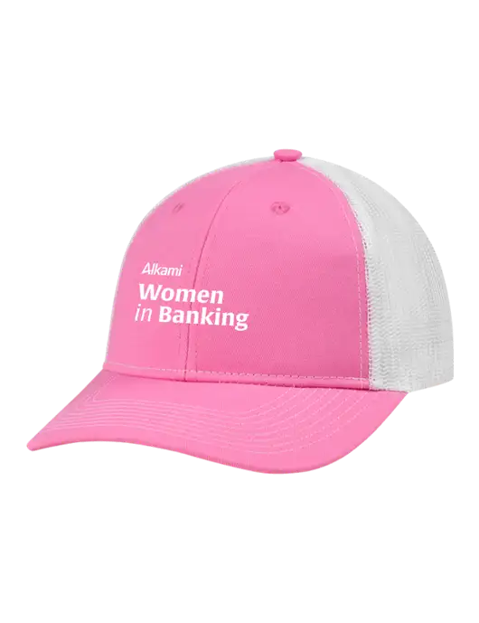 Snapback Ponytail Trucker Cap Pink/White Mesh w/Women in Banking Logo