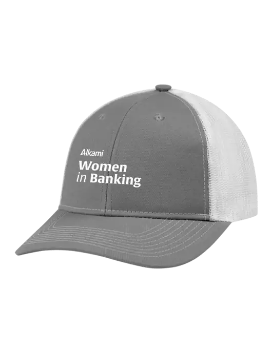 Snapback Ponytail Trucker Cap Light Medium Heather Grey w/White Mesh w/Women in Banking Logo