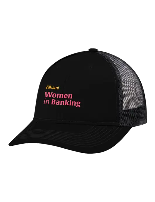 Snapback Ponytail Trucker Cap Black w/Black Mesh w/Women in Banking Logo