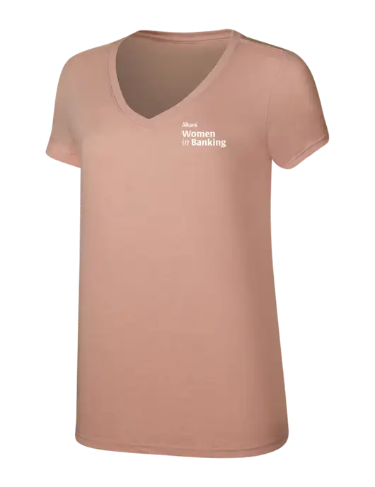 Womens Simply Soft V-Neck Heather Dusty Peach 4.5oz  Poly/Combed Ring Spun Cotton T-Shirt w/Women in Banking Logo