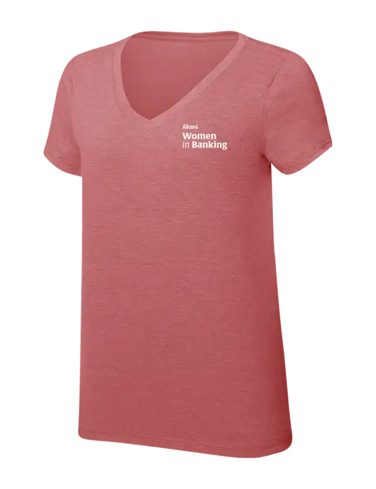 Womens Simply Soft V-Neck Blush Frost 4.5oz  Poly/Combed Ring Spun Cotton T-Shirt w/Women in Banking Logo