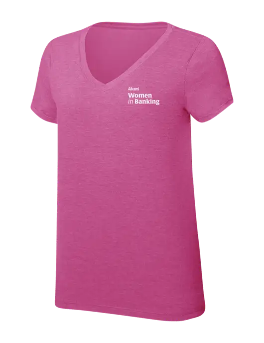 Womens Simply Soft V-Neck Fuschia Frost 4.5oz  Poly/Combed Ring Spun Cotton T-Shirt w/Women in Banking Logo