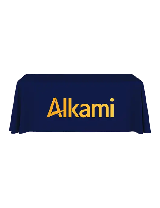 6' Stain-Resistant 4-Sided Dark Navy Table Cover w/Alkami Logo